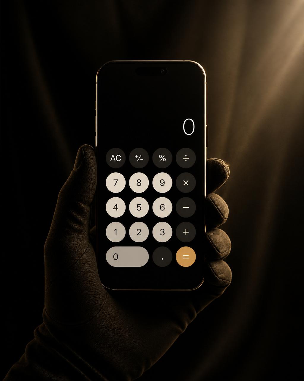 An iPhone displaying the Sigma application, held on a dark stage under warm gold light.